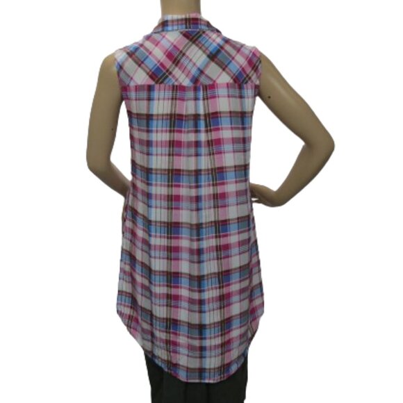 Papillon Sleeveless Button Down High Low Plaid Tunic - Picture 4 of 6